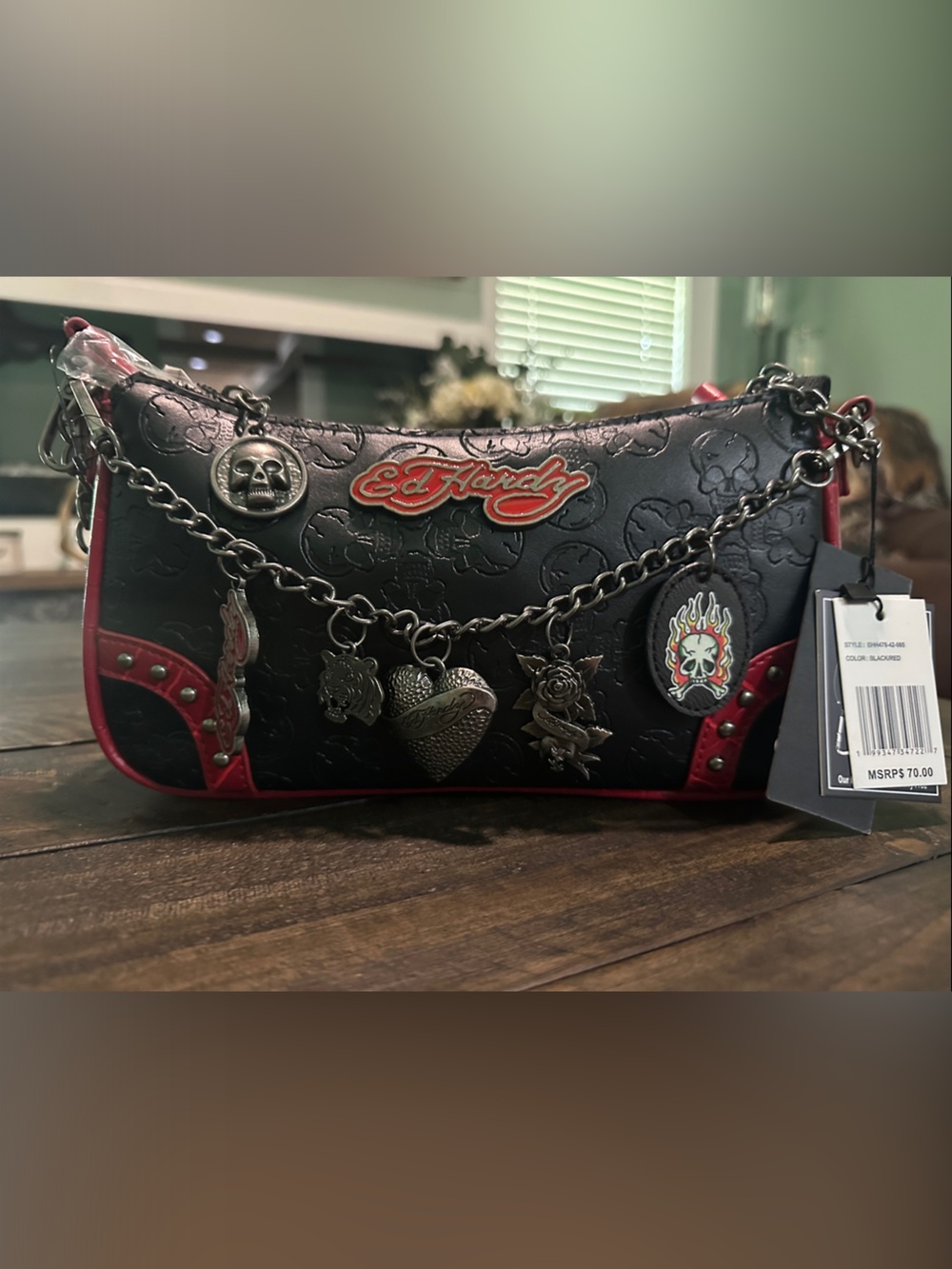 Ed Hardy Black & Red Embossed Crossbody with Metal Charms on Chain